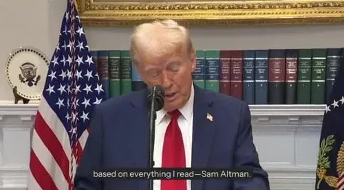 President Trump speaks at a lectern in the Roosevelt Room of the White House