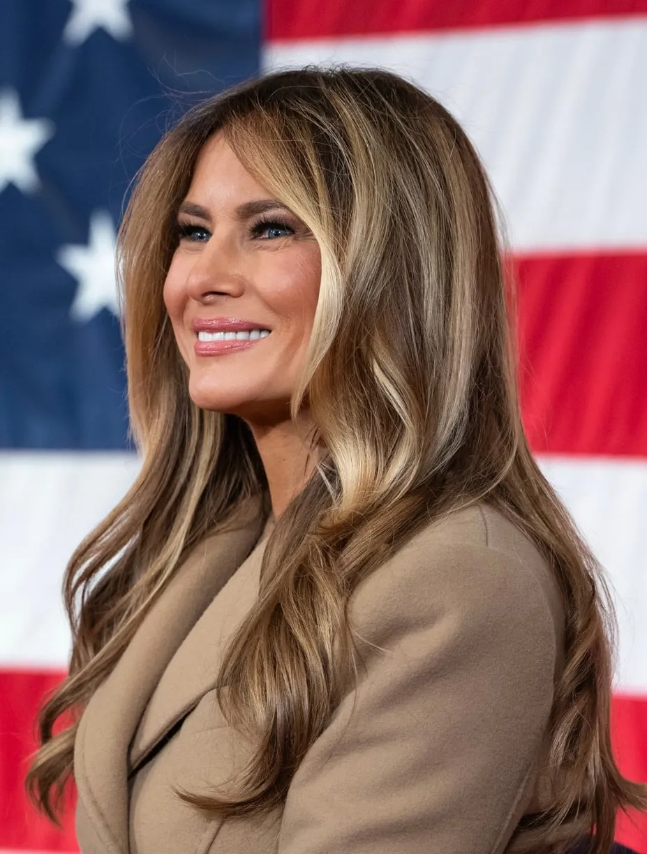 First Lady Melania Trump smiling in front of a U.S. flag